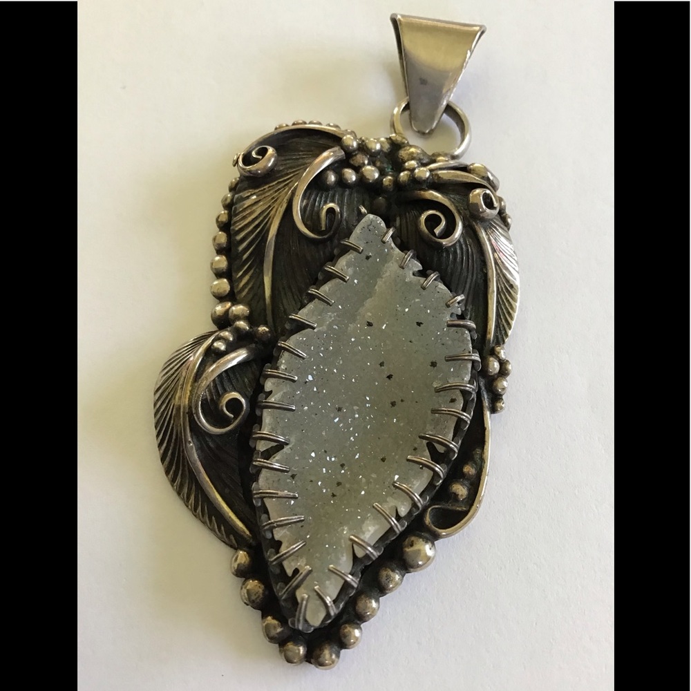 Huge Sterling Floriate Style Druzy Pendant Venus